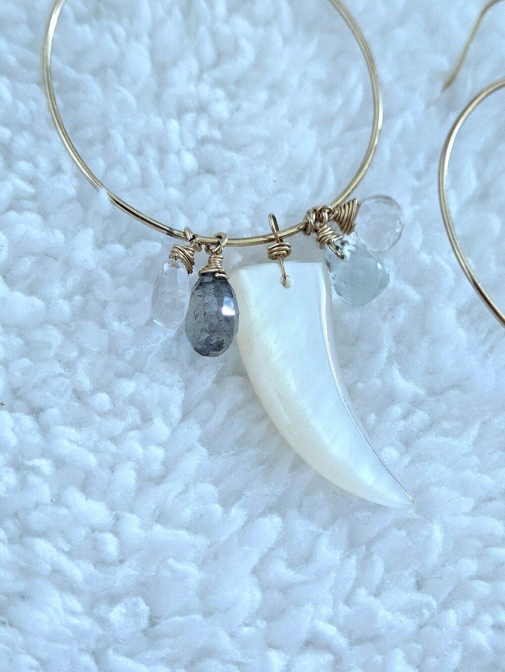Open Gold💛 Circle⭕️ Earrings with Mother of Pearl Horn📯 and Gemstones💎 - Picture 11 of 15